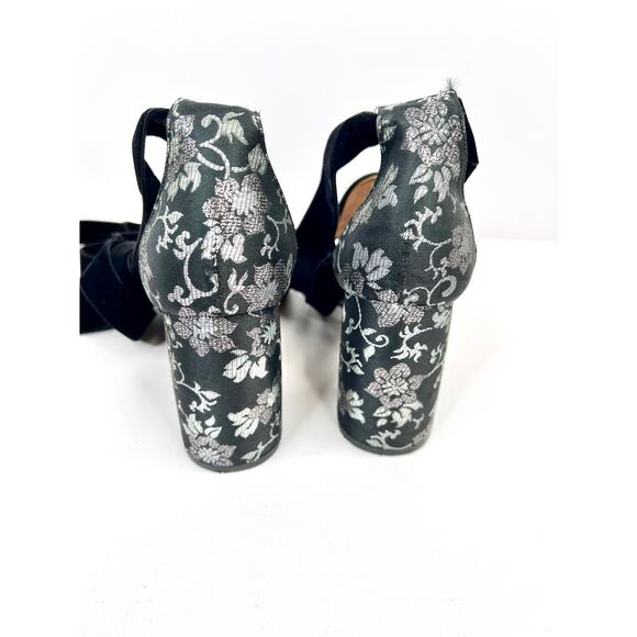 LEWIT Women's Size 9 Black Floral Velvet Tie Wrap Open Toe Block Heels Shoes - Picture 9 of 14